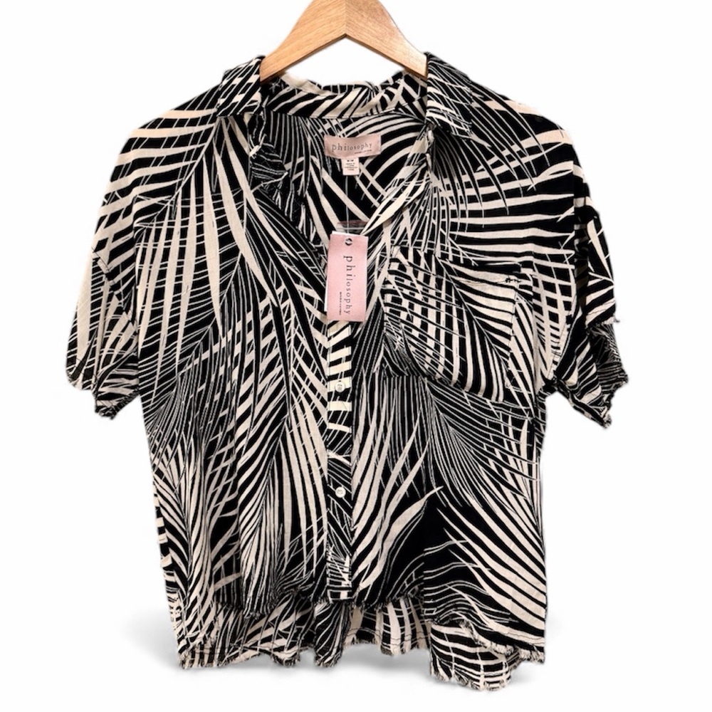 Philosophy island style raw hem Printed button up Top size medium